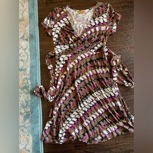 Geometric Print Wrap Midi Dress in Brown, White & Pink